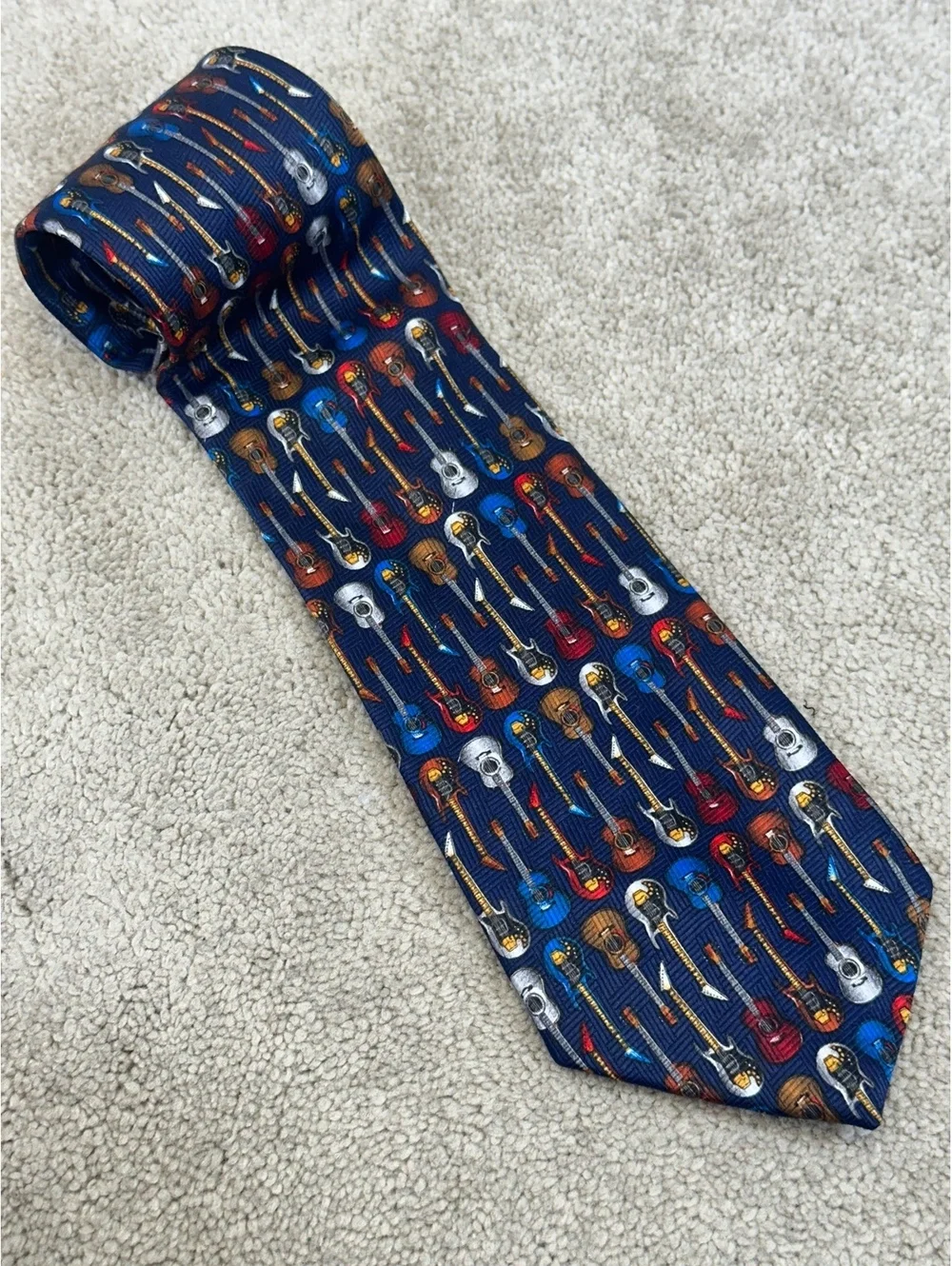 Men’s Novelty Necktie Guitars Music Navy Blue Rock N Roll 59” X 4”